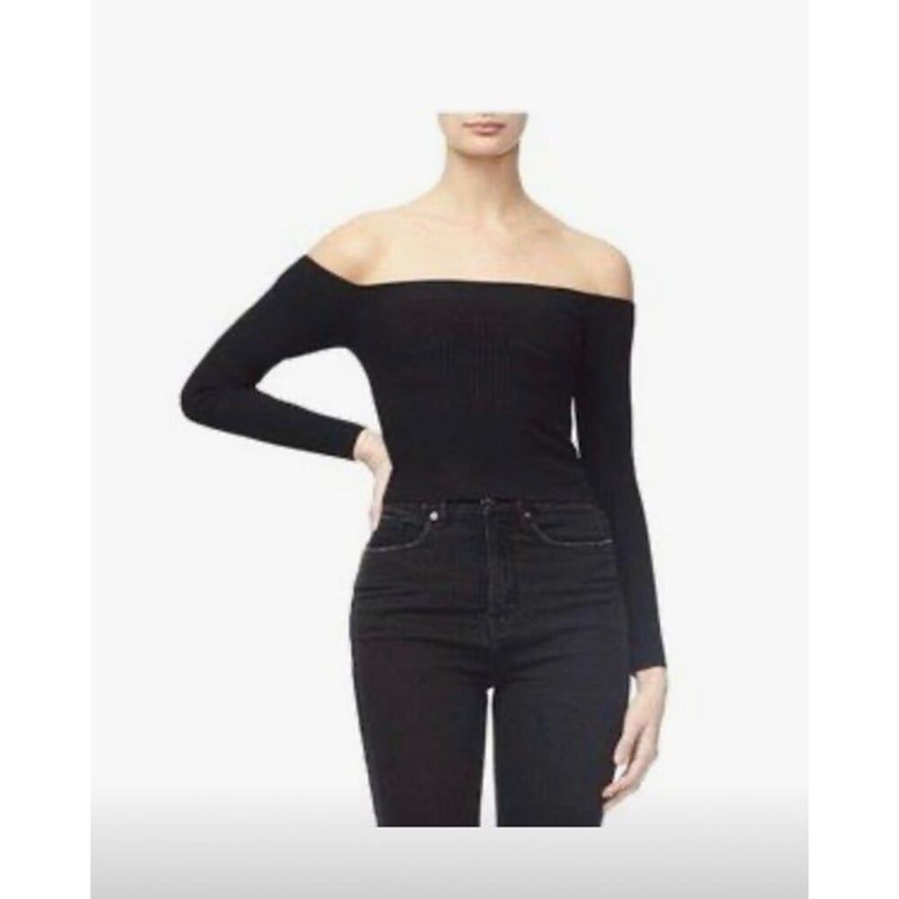 Good American The Off Shoulder Ribbed Knit Sweater Pullover in Black size 2